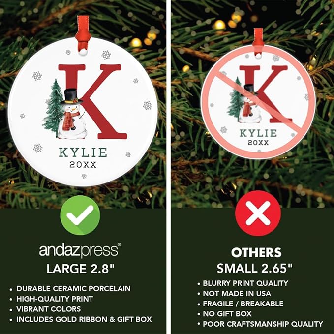 Andaz Press Personalized Ornament, Custom Name, Initial K Monogram Snowman 2.8" Ceramic Porcelain 2025 Christmas Ornament Keepsake for Kids, Boys, Girls, Includes Gold Ribbon & Gift Box, 1-Pack