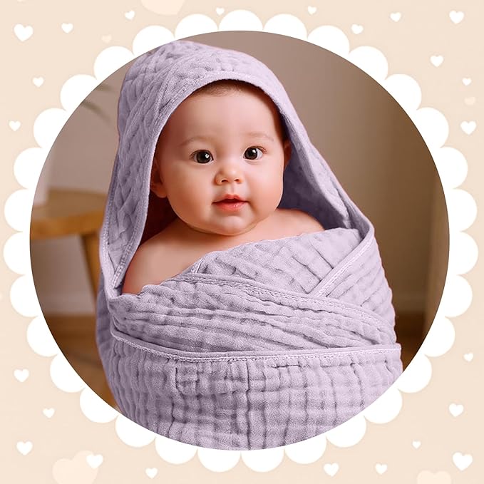 Peryiter 6 Pcs Muslin Hooded Baby Towels 32 x 32 Inch Cotton Newborn Bath Essentials Muslin Infant Blankets Absorbent Registry Gifts for Girl Boy Kids Baby Shower (Purple Series)