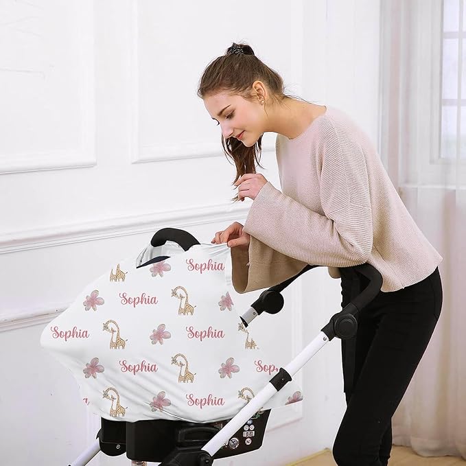Personalised Infant Car Seat for New Parents - Baby Carseat Cover, Breast Feeding Pink Giraffe Print Cover, Multi -Function pad for Boys Girls Toddlers - Christmas Gifts for Parent Babies(27"x29")