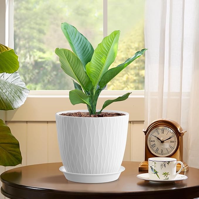 7 inch Plant Pots, 5 Pack Flower Pots with Drainage Holes and Saucers for Indoor Plants, Plastic Planters with Water Ripple for Small Garden House Plants, Nursery Pots for Succulent, White