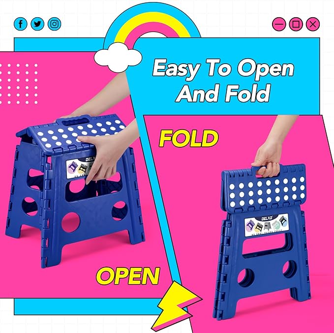 Delxo Folding Step Stool, 13 inch Non-Slip Foldable Stools for Kids & Adults Up to 300 LBS, Step Stool with Handle, Lightweight for Kitchen, Bathroom, Bedroom, Garden, Blue, 1PC