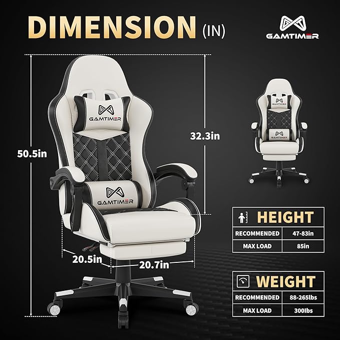 Gaming Chair, 400 lbs Adult Chair, High Back Computer Chair with Footrest and Linked Armrests, Office Video Game Chair with Lumbar Support(White)