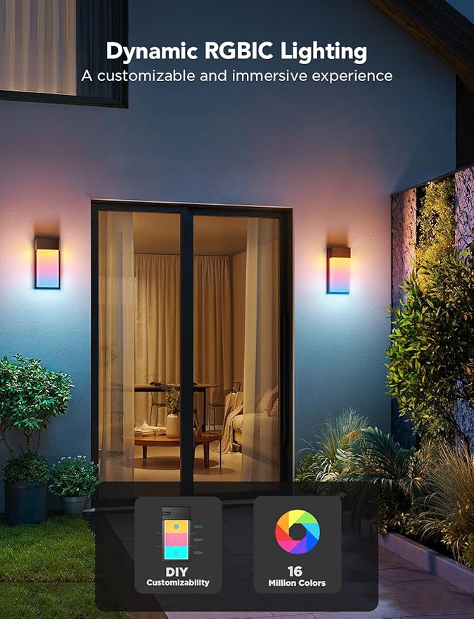 Govee Outdoor Wall Light, 1500LM Smart RGBIC Porch Lights Outdoor with 45 Scene Modes, IP65 Waterproof for Outdoor Decor, DIY, Wall Sconce Works with Alexa, Google Assistant and Matter, 2 Pack