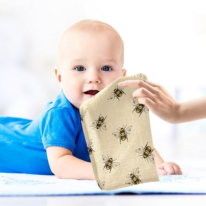 Bee Baby Washcloths Newborn Muslin Burp Cloths 3 Pack Soft Cotton Baby Face Bath Towel Drool Bibs for Infants, Girls and Boys 11.8 x 11.8 Inch