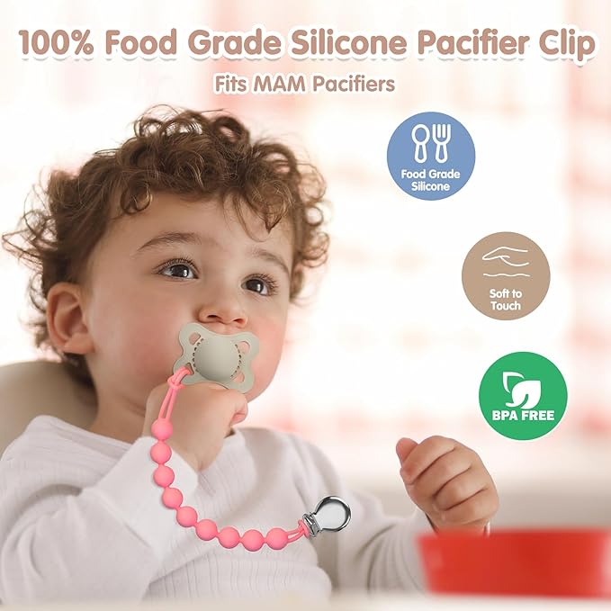 Pacifier Clips for Baby Girl Boy, Silicone Binky Holder for MAM Pacifiers, Baby Newborn Essentials Shower Birthday Gift (4-Pack)