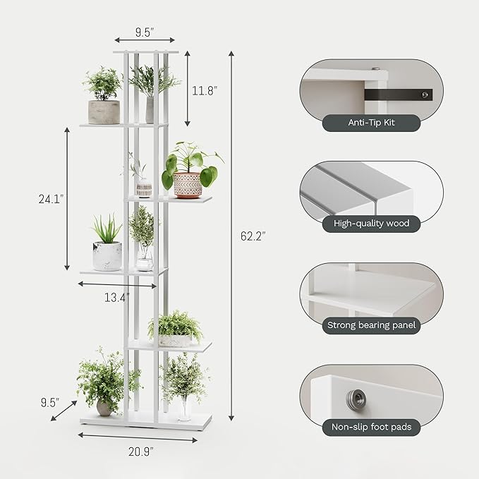 Bookshelf，Small Bookcase for Small Space，6-Tier Bookshelf for Living Room, Home Office, Study，9.45 x 20.8 x 62.2 Inches,White