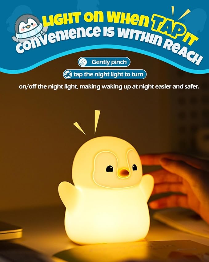 Cute Happy Penguin Night Light, Animal Lamp, Food Grade Silicone, Rechargeable, 2 Level Dimmable, Squishy Nursery Nightlight for Desk Decor, Funny Gifts Stuff for Boys Girls Baby, White Elephant Gifts