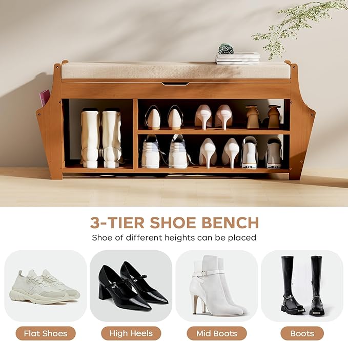 47.2in Shoe Bench Entryway - Bamboo Shoe Rack Bench with Storage, Shoe Rack Organizer with Cushion, 2 Side Holder, Holds Up tp 330lbs for Front Door Entrance, Living Room
