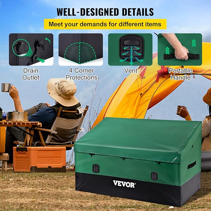 VEVOR Outdoor Storage Box, 150 Gallon Waterproof PE Tarpaulin Deck Box w/Galvanized Frame, All-Weather Protection & Portable, for Camping, Garden, Poolside, and Yard, Black & Green