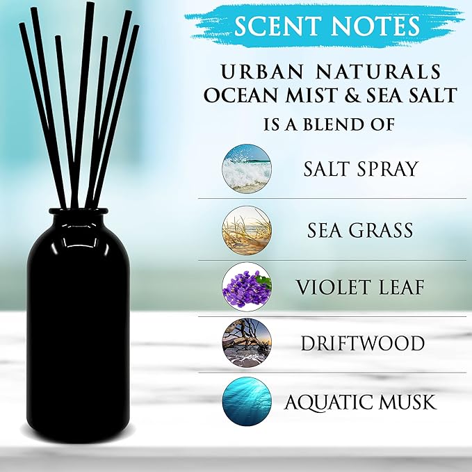 Urban Naturals Ocean Mist & Sea Salt Reed Diffuser Set | Made with Essential Oils & Real Botanicals | Decorative Air Freshener for Large Rooms | Beautiful Home Décor Makes a Great Gift