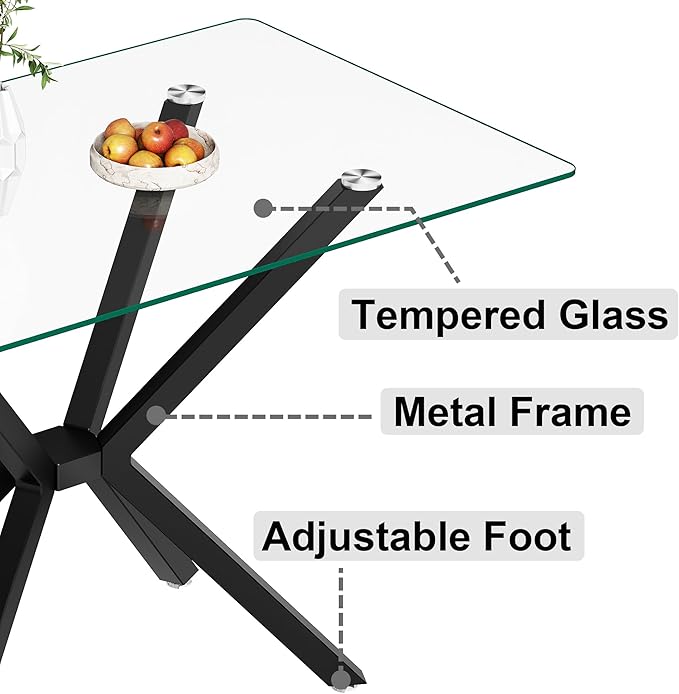 47.24" Rectangular Glass Dining Table Modern Kitchen Glass Top Table for 4 with Black Metal Legs, Clear Dining Table Kitchen Table for Home Office Dining Room