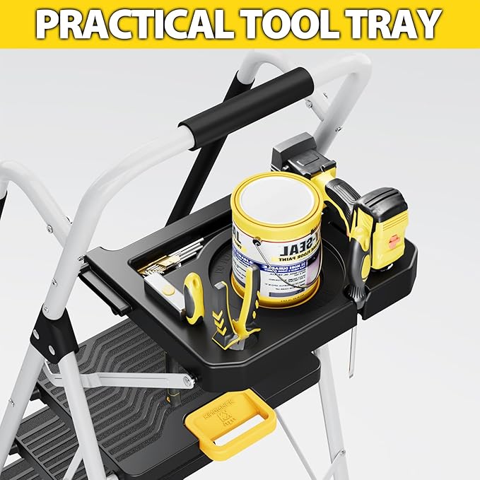 KINGRACK Folding 5-Step Ladder, 800 lbs Capacity Step Stool with Safety Lock, Tool Tray, Non-Skid Wide Steps, Handrail, Household Folding Ladder for Home, Garden, Painting, Outdoor, and Garage, White