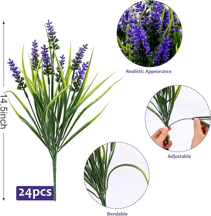 Geegoods 24 Bundles Artificial Plants Flowers Outdoor – Faux Lavender Flowers with Monkey Grass UV Resistant Plastic Faux Plants for Garden Porch Window Patio Hanging Planter Home Decor