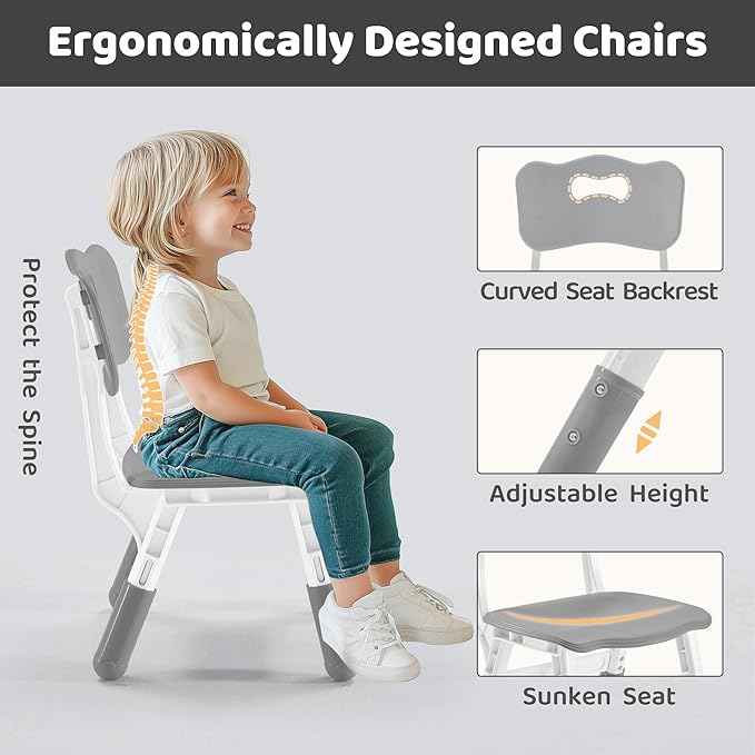 Kids Table & Chairs Set (2 Chairs) Height Adjustable for Ages 2-8 | Non-Slip Toddler Activity Table with Wipe-Clean Desktop, Montessori Learning & Art Drawing Table for Home Preschool