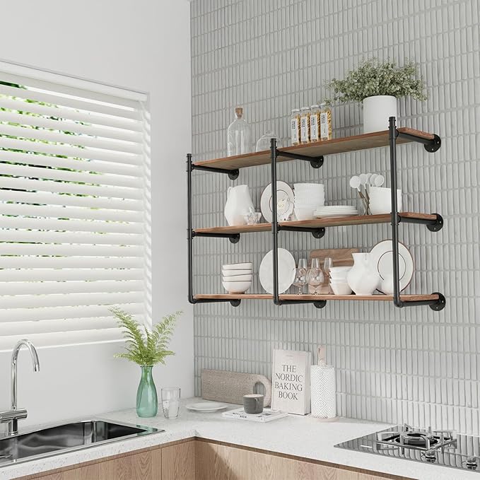 Industrial Pipe Shelf Brackets Wall Mount,Open Black Pipe Shelving for Kitchen,Floating Shelf Brackets Mount,Open Bookshelf Brackets for Shelves,Wall Shelves 12 Inch Deep,(3PcsX3Tier,32" Tall)