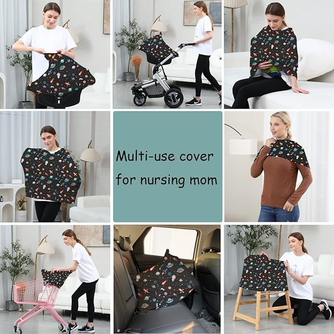 Carseat Covers Unisex - Black Creative Spacecraft Pattern Car Seat Canopy Cover for Babies, Multi-use Breastfeeding Cover, Baby Shower Gifts for Boy and Girls