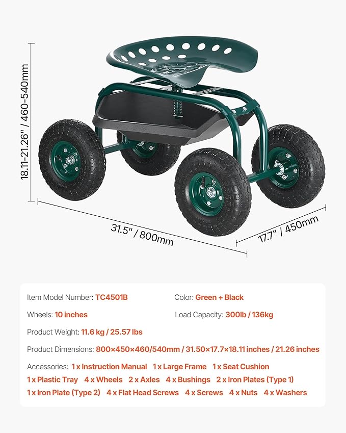 VEVOR Rolling Garden Cart with Swivel Seat, Heavy Duty Garden Seat with Storage Basket & Tool Tray, 300 lbs Weight Capacity, Outdoor Utility Gardening Stool Scooter for Lawn Yard Planting Weeding