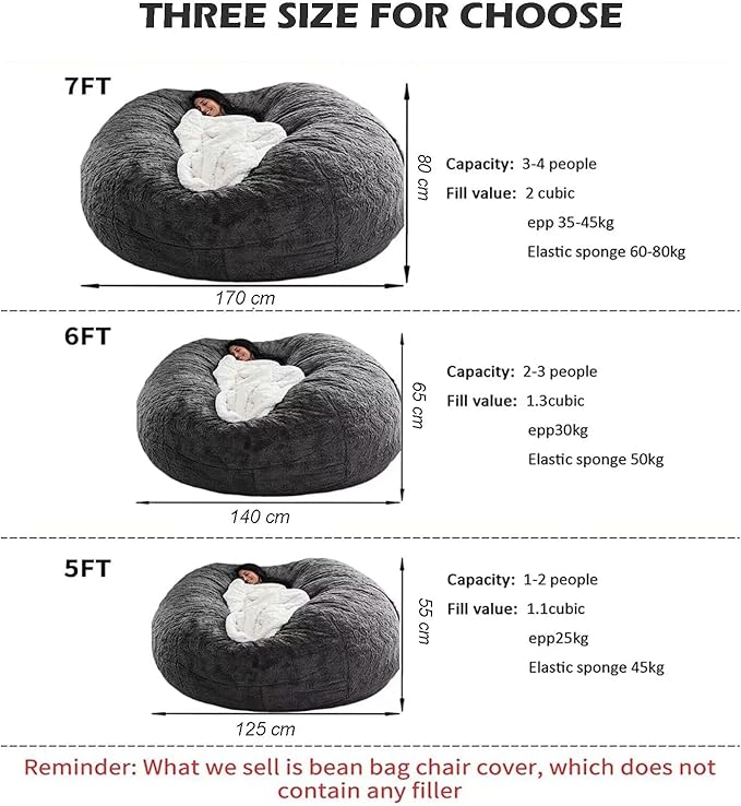 BCU 6FT Bean Bag Chair for Adults and Kids Without Filler Giant Stuffed Animal Storage Cover Soft Faux Fur Floor Chair Cover for Bedroom Living Room, Black