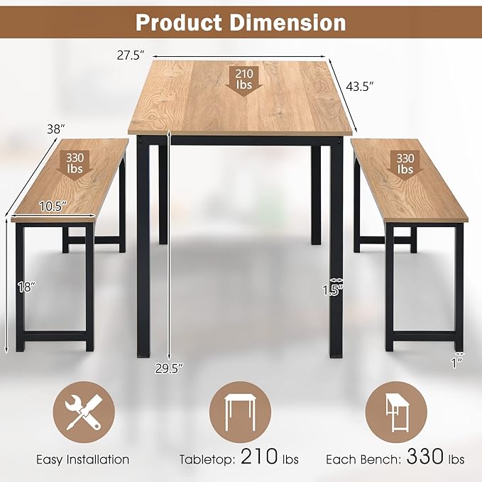 LDAILY Moccha Dining Table Set for 4, Kitchen Table with Benches,43 Inch 3-Piece Wooden Space-Saving Dinette Set with Metal Frame for Kitchen, Dining Room,Small Spaces, Industrial Brown & Black