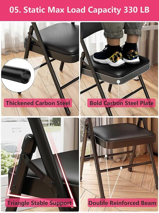 2 Pack Folding Chairs with Leather Padded Cushion and Back, Metal Black Foldable Chair for Indoor Outdoor, Commercial Stackable Guest Chairs for Office Events Wedding Party Kitchen Dining