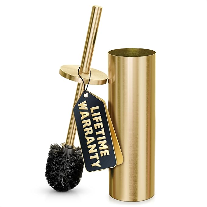 Gold Toilet Brush and Holder Set - Brushed Stainless Steel Gold Toilet Bowl Brush and Holder with Replacable Head, Removable Inner Bowl, and Splash Protection - Dense Bristles for Through Cleaning
