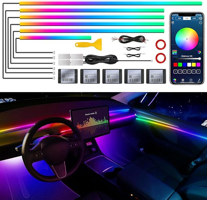Dreamcolor Acrylic Interior Car LED Strip Light with Wireless APP, RGB 10 in 1 with 175 inches 593 Neon Car Ambient Lighting Kits, Dynamic Chasing Music Sync LEDs Fiber Optic Strip Lights for Car
