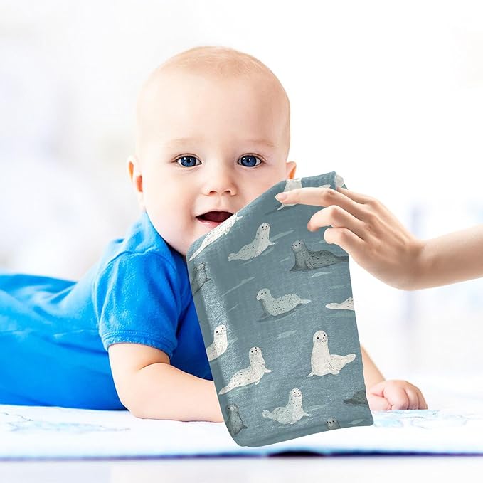 Newborn Face Towel Seal Soft Cotton Baby Washcloths 11.8 x 11.8 Inch Infants Girls Boys Muslin Burp Cloths 5 Pack