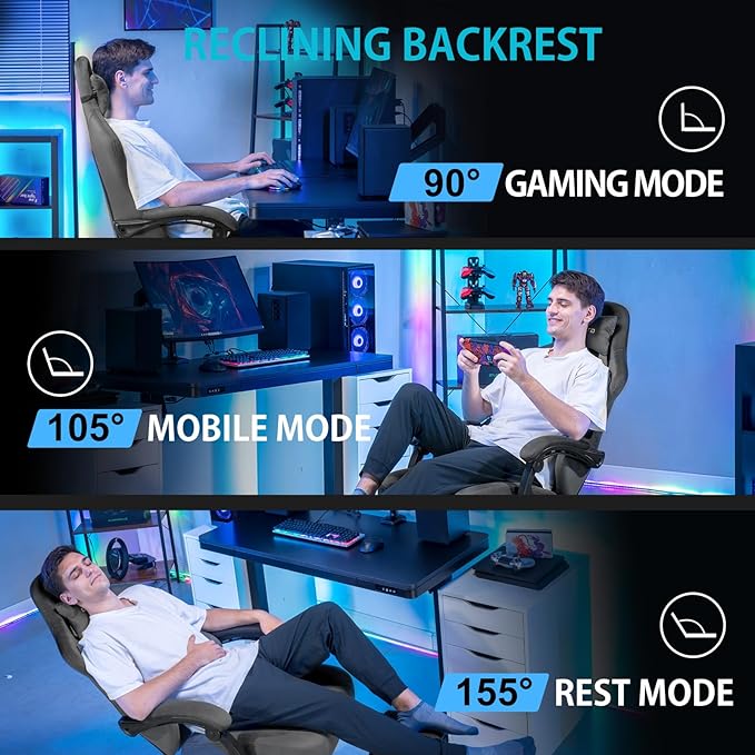 GTPLAYER Gaming Chair Fabric with Pocket Spring Cushion, Big and Tall Gamings Chairs 350LBS High Back Computer Chair with Footrest for Adults Lumbar Support Swivel Game Chair for Office Dark Grey