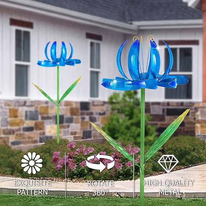 Wind Spinners Outdoor Garden Decor, 47 inch Metal Wind Sculptures Garden Gifts for Mom, Lotus Flower Windmills for Yard Backyard Lawn Decorations