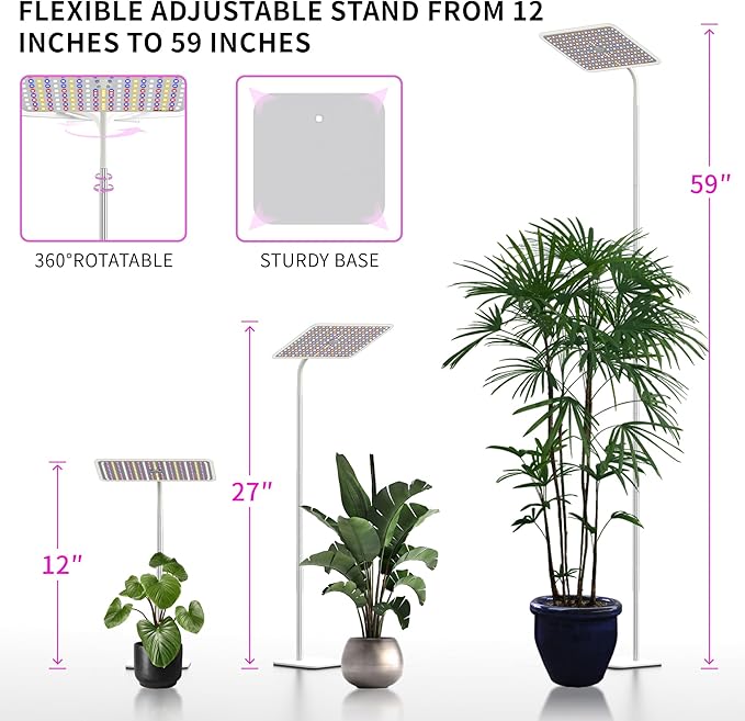 BESTVA 36W Grow Lights with Stand, Full Spectrum LED Plant Light, 12-59 Inch Height Adjustable Growing Lamp with Auto On/Off Timer 4H/8H/12H, 4 Dimmable Brightness