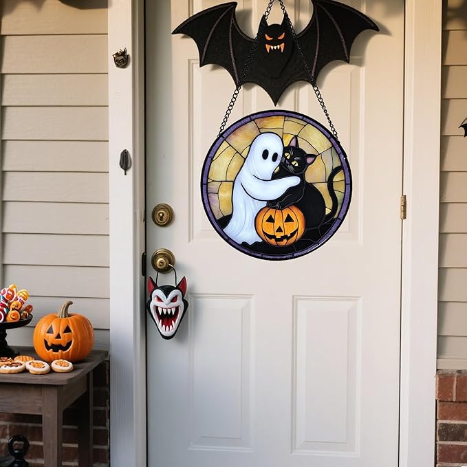 Stained Glass Window Hanging - Halloween Decorations Cute White Ghost Black Cat Suncatcher for Doors Garden Spooky Sun Catchers Gothic Decor Horror Gifts for Women Men Friend Boy 11.8 in