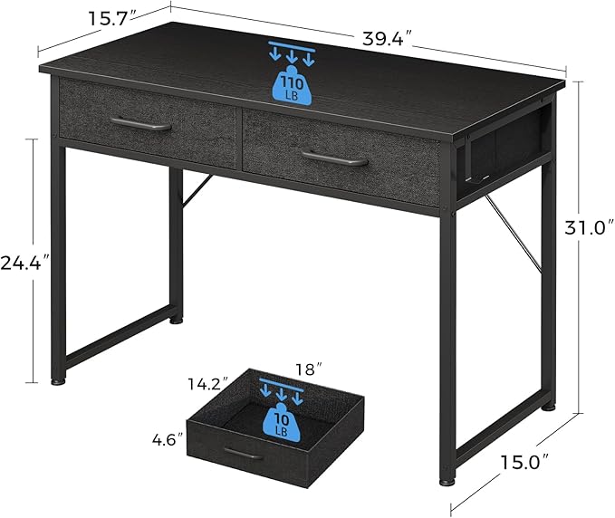 Casaottima 40 Inch Small Office Computer Desk with 2 Drawers & Headphone Hook - Compact Writing Desk for Home Office, Study or Work, Modern Space-Saving Design for Small Spaces, Black