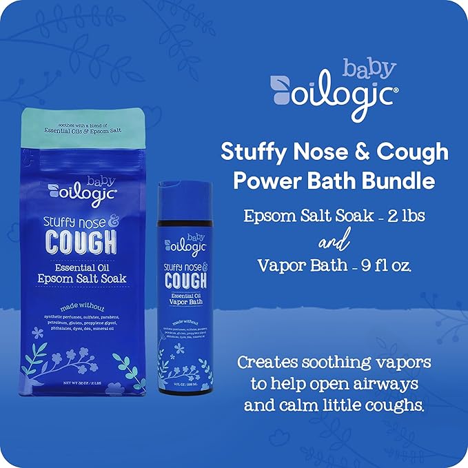 Oilogic Baby Stuffy Nose & Cough Power Bundle with Vapor Bath Relief & Epsom Salt Soak - Baby Bath Essentials - Made with Blended Essential Oils
