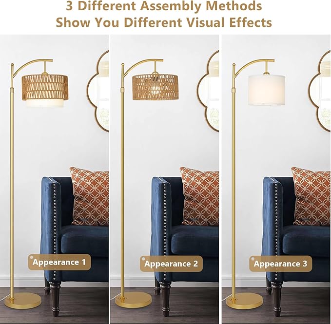 Gold Floor Lamps for Living Room with Remote & Dimmable LED Bulb, Modern Arc Floor Lamp with 3 Color Temperatures, Boho Standing Lamp with Rattan & Fabric Shades, Adjustable Tall Lamp for Bedroom