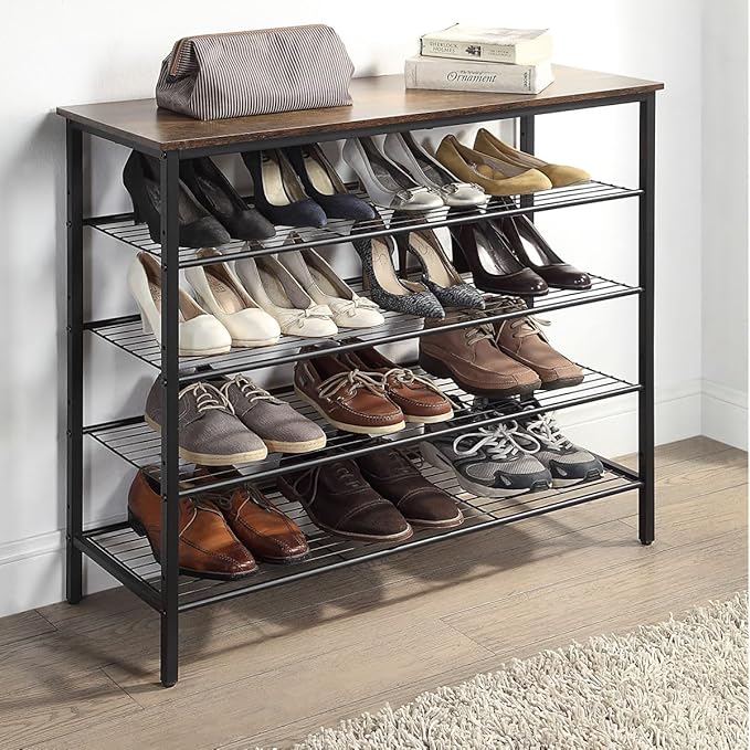 5-Tier Shoe Rack Organizer, Metal Mesh Shoe Storage Shelf, for Entryway, Hallway, Closet, Dorm Room, Industrial, Rustic Brown