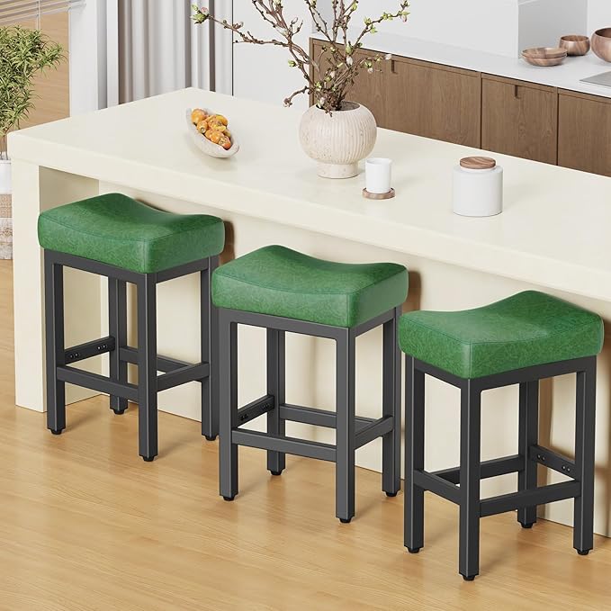 Counter Height Bar Stools Set of 3, 24 Inch Barstools for Kitchen Island Counter, Faux Leather Kitchen Stools with Saddle Seats & Metal Base, Easy Assembly, Forest Green