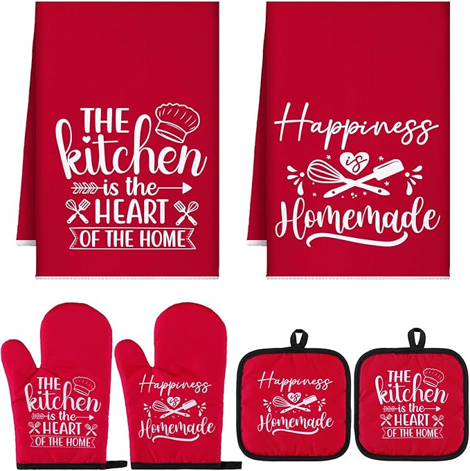 Sratte 6 Pcs Kitchen Decor Accessories Set Farmhouse Towels Pot Holders Oven Mitts Set 2 Dish Towels 2 Potholders 2 Cooking Mittens Oven Glove for Christmas Baking Cooking Supply(Red,Kitchen)