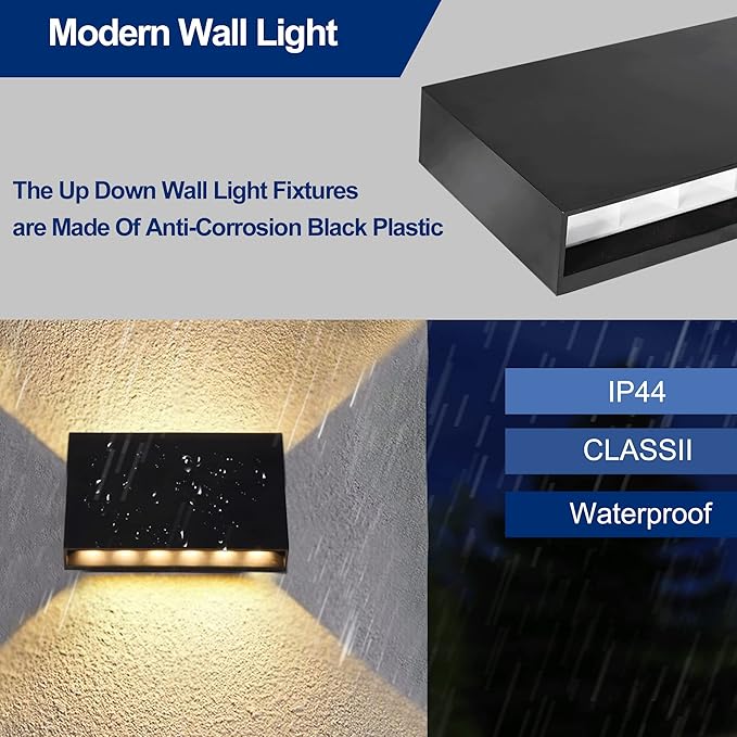 FUDESY LED Wall Sconce, Black Plastic Modern Wall Light Fixtures, Indoor Outdoor Up and Down Wall Lighting for Living Room Bedroom Hallway Corridors, 3000K, Warm White, 2-Pack