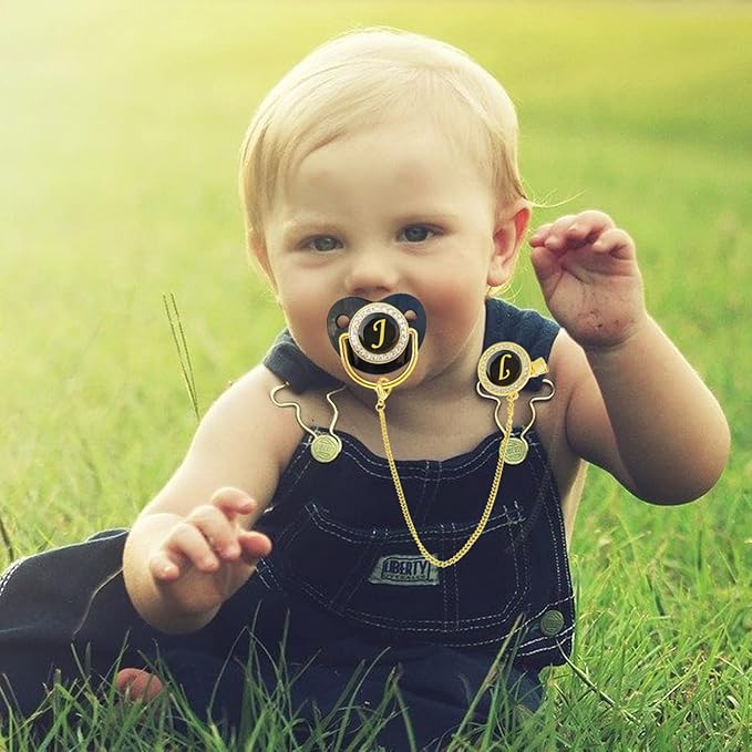 Bling Personalized Black Baby Pacifier with Pacifier Clips and Anti-dust Cover A-Z 26 Letters(Black,J)