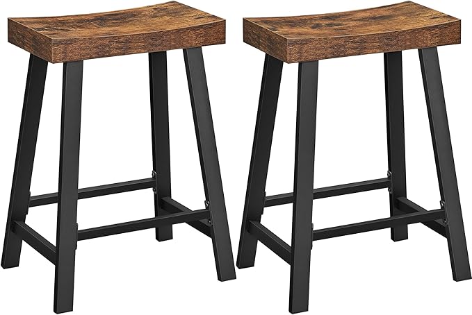 VASAGLE Bar Stools, Set of 2 Bar Chairs, Kitchen Breakfast Bar Stools with Footrest, 23.6 Inches High, Industrial in Living Room, Party Room, Rustic Brown and Black ULBC074B01