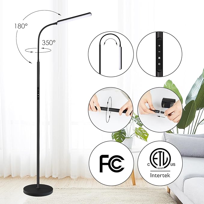 Dimunt LED Floor Lamp, Bright 15W Floor Lamps for Living Room with 1H Timer, Stepless Adjustable 3000K-6000K Colors & Brightness Standing Lamp with Remote & Touch Control Reading Floor Lamps