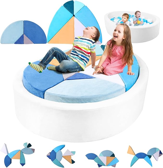 Kids Play Couch, 2-in-1 Egg-Shape Kid Plays Sofa with Unique Ball Pit(no Balls Included), Tangram Puzzle Play Couch for Playroom, Modular Play Couchs for Inspiring Creativity, Ocean