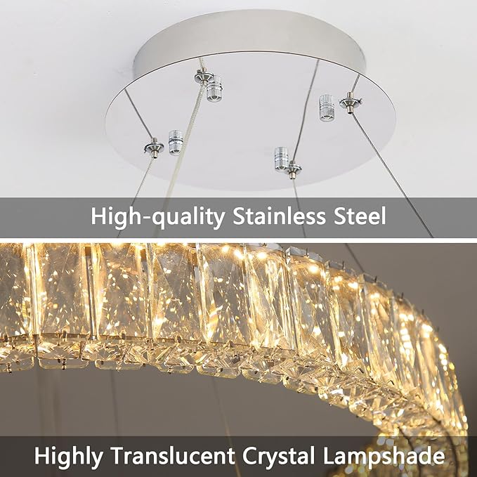 HAIXIANG Modern Crystal Chandelier Dimmable LED Ring Pendant Lights Adjustable Glam Chandeliers Lighting Fixtures for Dining Room Living Room Bedroom Silver Light