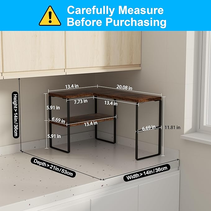 Golener Countertop Organizer Corner Shelf, 2-Tier Adjustable Stackable Corner Shelves for Kitchen, Spice Rack, Coffee Area, Over Sink, Bathroom, Dresser Table, Corner Counter Shelf Stand, Rustic Brown