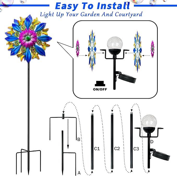 60 Inch Solar Wind Spinner Outdoor - Double-Sided Rotating Colorful Kinetic Wind Spinners for Garden, Yard Decorations Outdoor,Metal Wind Sculptures & Spinners, Wind Art