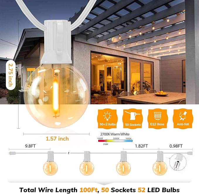 Achin Outdoor String Lights 100FT G40 Globe Patio Lights Outdoor Waterproof with 50+2 Shatterproof LED Bulbs 2700K Dimmable String Lights for Outside Backyard Party Wedding, White Wire