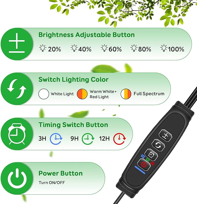 Full Spectrum LED Grow Light for Indoor Plants, 3Heads Grow Lights for Seed Starting, 10 Dimmable Levels & 3 Timer Modes (3/9/12H), Adjustable 360° Gooseneck with Clip, Plant Grow Light 2 Pack