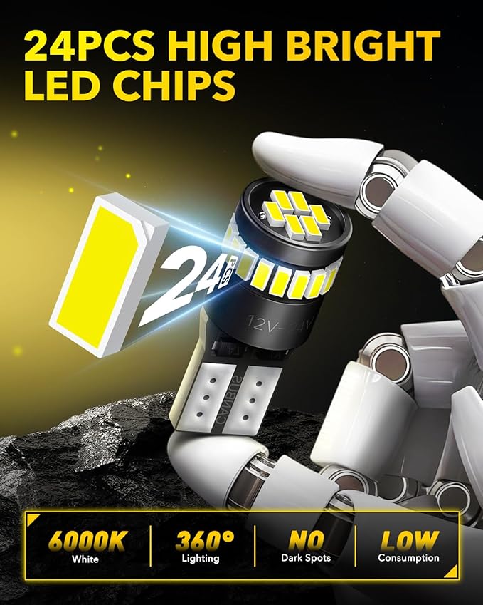 AUXITO 194 LED Light Bulb 6000K White 168 2825 W5W T10 Wedge 24-SMD 3014 Chipsets LED Replacement Light Kit Error Free for Car Interior Dome Map Door License Marker Lights, Pack of 10