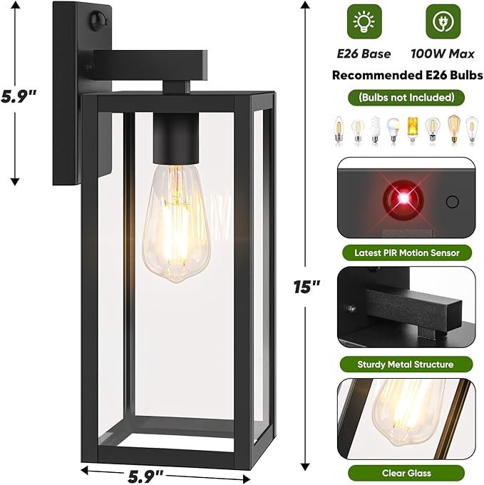 Upgraded Motion Sensor Outdoor Wall Light, Large Size Dusk to Dawn Porch Light Outdoor Wall Sconce Lantern, 3 Lighting Modes Exterior Lighting Fixture Wall Mount, Outside Light for House Garage, Black
