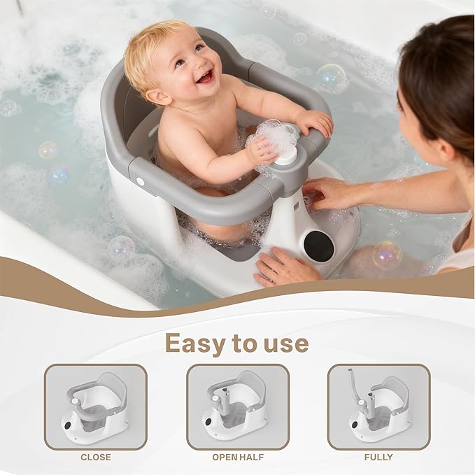 Baby Bath Seat for Infants 6 Months & Up - Adjustable Sitting up Bathtub Chair with Surround Design & Temperature Sensor, Non-Slip 4-Suction Base for Infant Bath Safety (Grey)